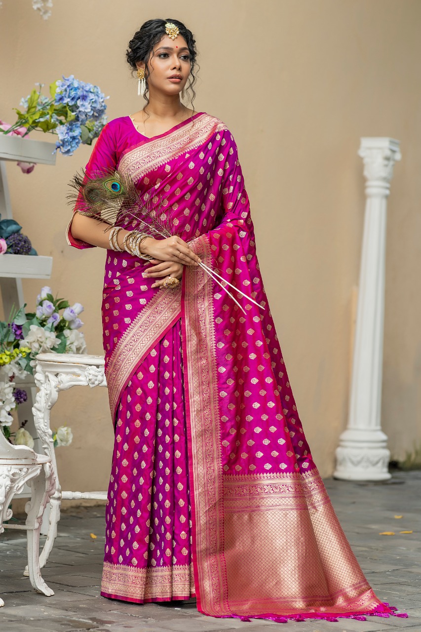 Purple & Magenta Pink Color Designer Banarasi Silk Saree – KHAADI FACTORY